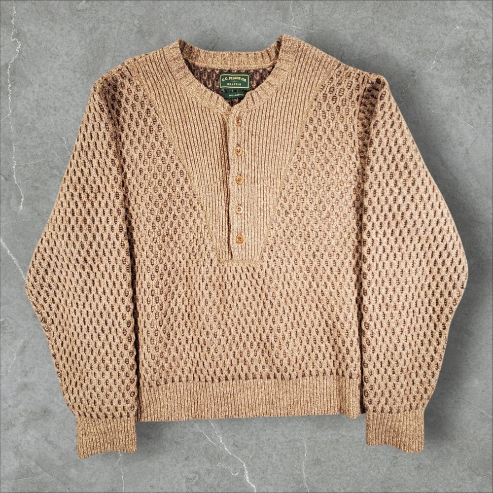 Filson Henley Sweater Mens L Tan Lambswool Waffle Textured Knit Pullover Preppy